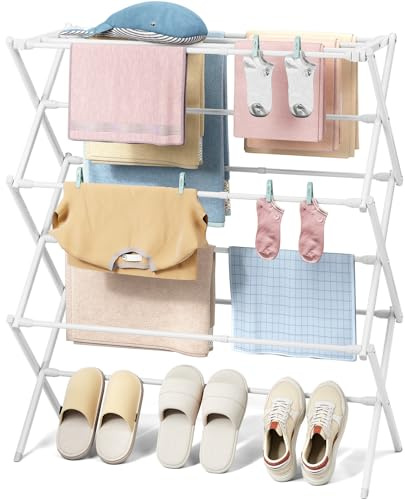 KINGBOARD Clothes Drying Rack, Collapsible Drying Rack Clothing with 11 Poles, 3-Tier Laundry Drying Rack, Small Clothes Drying Rack Foldable for Baby Clothes Sock Towel, 25lb Capacity, White
