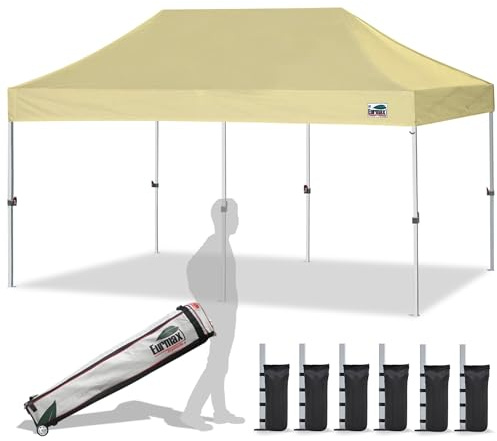 PopUp Tenda a baldacchino 3 x 6 m con carrello resistente con 6 sacchi di sabbia per una maggiore stabilità, facile installazione, ideale per eventi all'aperto, feste in spiaggia, colore beige