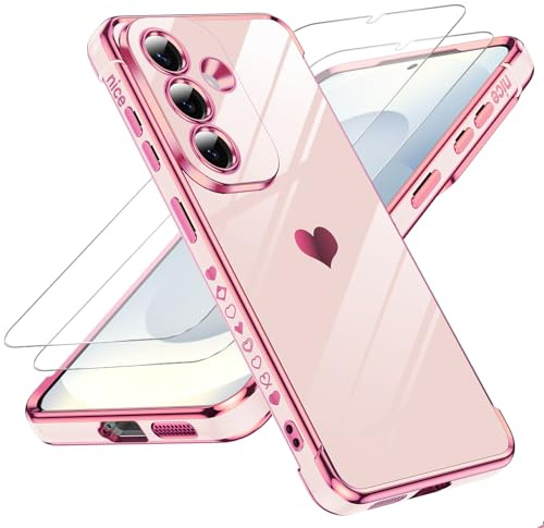 LeYi für Samsung Galaxy S26 5G TPU Handyhülle mit 2*Schutzfolie-Rosa | Cute Herz Muster Flexibel Silikon Galvanik Stoßfest Schutzhülle Cover Case, Kameraschutz Kratzfest für Samsung S 26 5G Hülle