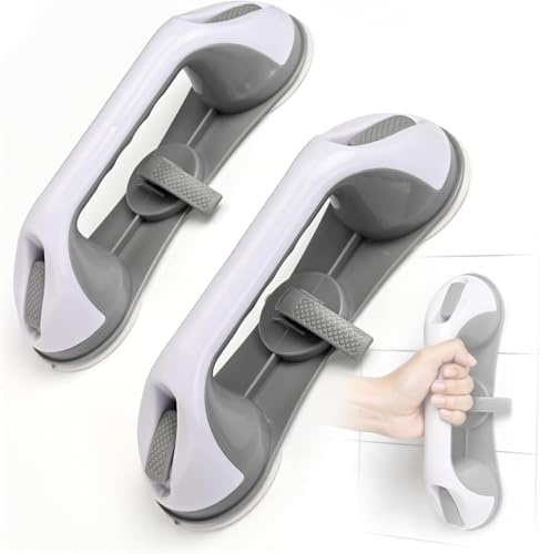 Mikogo Shower Grab Bar with 3 Suction Cups, 2 Pack Grey Safety Handle, No Drilling Removable Bathroom Support Rail for Elderly, Seniors & Disabled, Heavy Duty Anti-Slip Grip, Grey