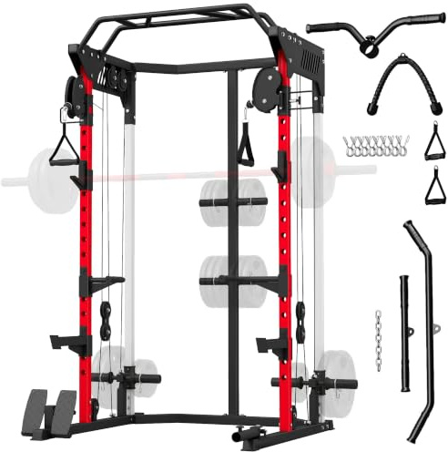 SPORTNOW Jaula de Potencia Musculación con Sistema de Poleas Ajustable | Rack para Sentadillas con Barra de Dominadas, Estación de Fondos, Soporte Barra, para Casa en Gimnasio, Carga 900 kg