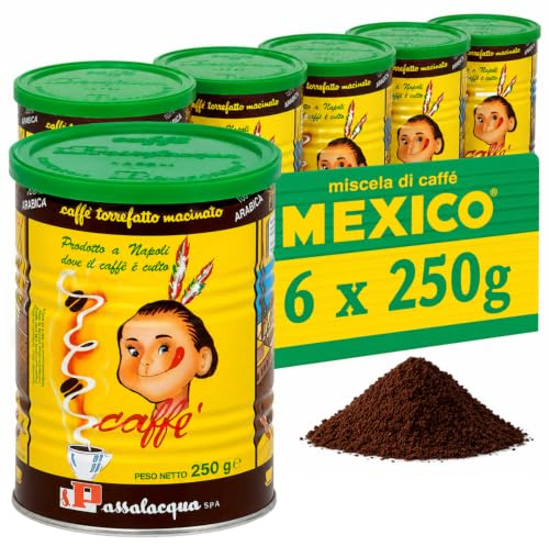 Passalacqua Mexico Caffè Premium Macinato – 6 Lattine 250g (1,5kg) - Tostatura Autentica Napoletana 100% Arabica - Ideale per Moka ed Espresso - Dolce e Aromatico Note di Miele, Nocciole e Caramello
