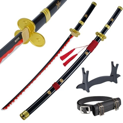 57 SPECIAL REPLICAS Zoro Katana Schwert 105 cm/41 Zoll - Samurai Schwert Holz mit Gürtel, Ständer & Scheide - Holzschwert aus Bambushol für Anime Cosplay - Oonee Piieeccee Schwerter (Nicht Scharf)