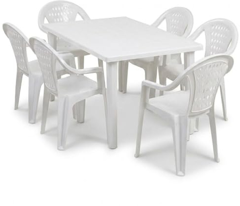 Tomaino - Tavolo e Sedie da Giardino in Plastica -Set Marshall 4 o 6 Posti – Tavolo Rettangolare - Sedie Impilabili con Braccioli per Esterno in Polipropilene - Terrazzo, Balcone, Bar (6, BIANCO)
