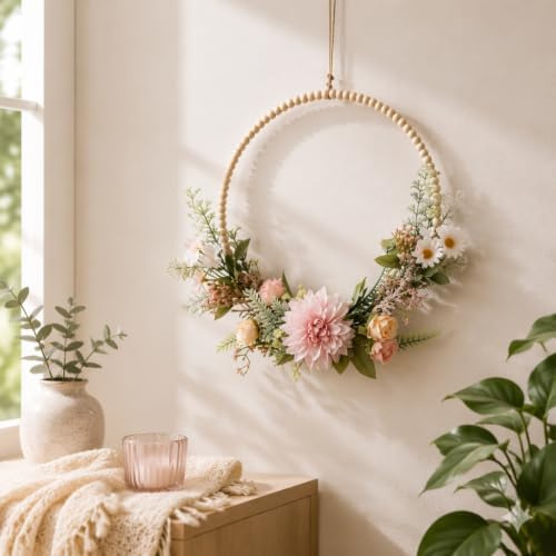 Cosiesnest Door Wreath 16.14 Spring Summer Wreath for Front Door Artificial Flower Wreath for Indoor Outdoor Porch Party Wall Front Door Decor with Wood Beads Home Decor
