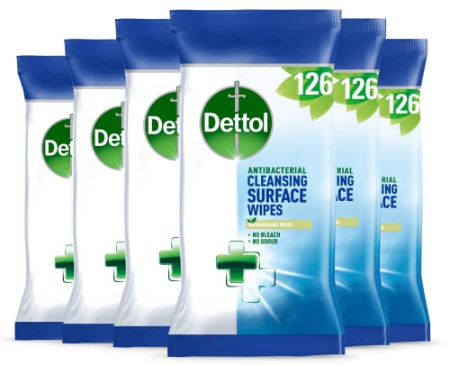Dettol Antibacterial Cleansing Surface Wipes, Fragrance Free, 756 Wipes (126 x 6pck) Large Value, Disinfectant, Home Hygiene, Biodegradable, Kills 99.9 Percent of Germs