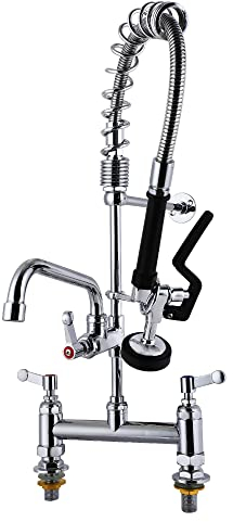 MS 8 Inch Center Deck Mount Commercial Kitchen Faucet 26'' Height Pre Rinse Kitchen Sink Faucet with High Pressure Pull Down Spray and 8 Add on Spout