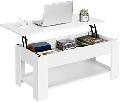 Yaheetech Table Basse avec Plateau Relevable Table de Salon avec Rangement | Etagère de Rangement Compartiment Caché pour Salon Bureau 98 x 50 x 42 cm Blanc Finition Résistante à l'eau et à l'usure