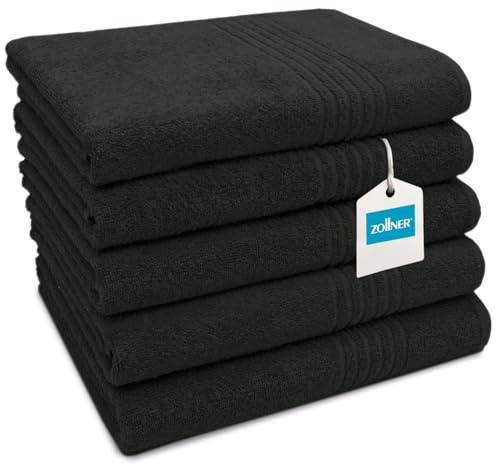 ZOLLNER 5er Set Duschtücher in 70x140 cm - saugstarke Handtücher in schwarz - mit praktischem Aufhänger - mit edler Streifenbordüre - waschbar bis 60°C - Baumwolle - Hotelqualität