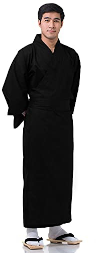 PRINCESS OF ASIA Exklusiver & hochwertiger japanischer Herren Samurai Yukata Kimono aus einfarbiger Baumwolle M L XL (Einheitsgröße, Schwarz)