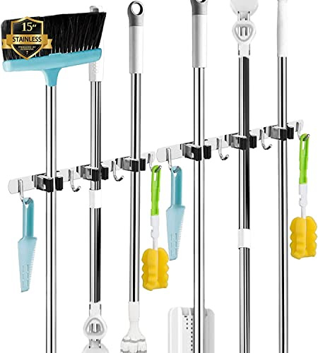 Besenhalterung Wand, 3 Halter + 4 Haken 2Pack Edelstahl Gerätehalter | wandhalterung besen: Nagelmontage und starke Klebepads; lange Stiele bleiben geordnet.