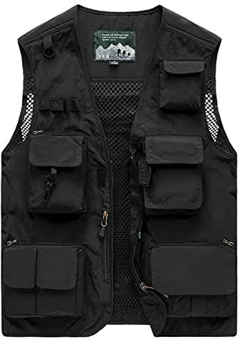 Sukany Herren-Cargo-Weste für Freizeit, Outdoor, Arbeit, Safari, Angeln, Reisen, Cargo-Weste, Jacke, Foto, Netzweste, mehrere Taschen, Schwarz , XXL