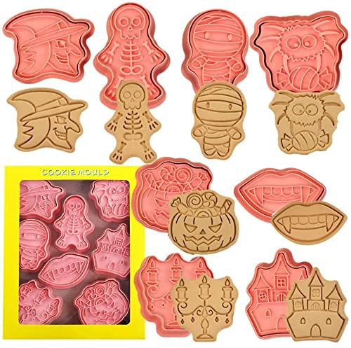 8 stück Halloween Ausstecher-Set, Ausstechformen Kürbis Fledermaus Geist Totenkopf Katze Spinnennetz Süßigkeit Hexenhut Keksausstecher für Backen mit Kinder, Keks, Backen Fondant Cutters (F)