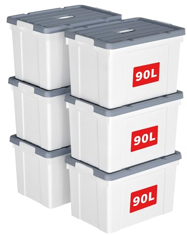 Cetomo 90L*6 Caja de Almacenamiento con Asa, Caja de Plástico con Tapa y Cierre Seguro, Contenedor de Almacenamiento Grande, Duradera, Apilable, Resistentes, Blanco, Paquete de 6 de 90L