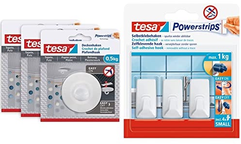 tesa Selbstklebender Deckenhaken Tapeten & Putz im 3er Pack, Weiß & Powerstrips Haken Small ECKIG - Selbstklebender Wandhaken für Glas, Kacheln, Holz, Kunststoff und andere Untergründe - Weiß