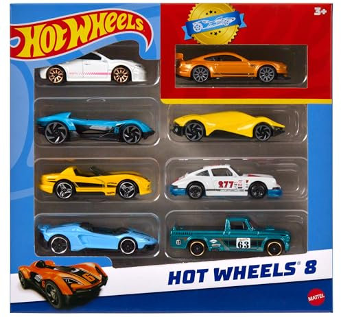 Hot Wheels - Set di 8 auto e camion, mix di veicoli scala 1:64 con 1 macchinina speciale inclusa (Un set a sorpresa tra diversi stili assortiti), giocattolo per bambini, 3+ anni, HPV78