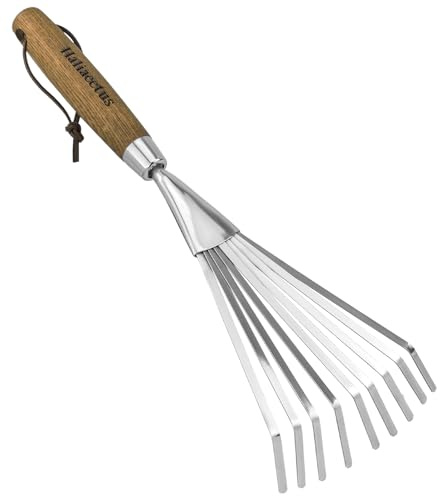 Haliaeetus Garden Hand Rake, 14.6'' Small Rake for Tight Areas, 9 Tines Stainless Steel Garden Rake with Ergonomic Wood Handle for Clearing Leaves and Loose Debris in Flower Bed and Around Plants