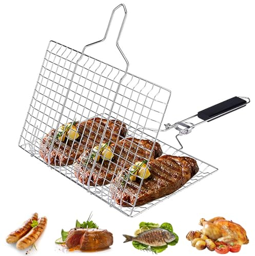 Barbecue a Pesce, Griglia Pieghevole per Barbecue, Cesto Portatile Pieghevole per Grigliate in Acciaio Inox 304, Cesti per Grigliate in Acciaio Inox con Manico a Pesce, Argento+Nero