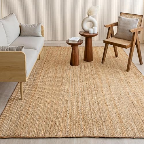 HOMEMONDE Solid Braided Jute Area Rug | Handwoven Reversible Natural Fiber Boho Farmhouse Carpet for Living Room, Bedroom & Dining Room | 8' x 10' | Natural