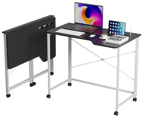 Spezielle Faltbarer Schreibtisch mit Kartenschlitz, Platzsparend, Klapptisch, Computertisch, Klapptisch für Außen- und Innenbereich, 90x56x75cm PC Klapptische für Camping, Holz und Metall, Schwarz