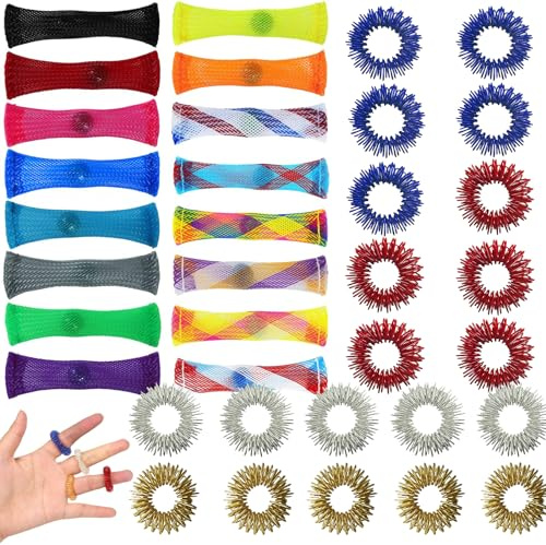 36 Stück Gewebter Netzschlauch mit Marmorspielzeug Set, 16 Squeeze Spielzeug mit 20 Stressabbauringe, Fidget Toys für Erwachsene Anti Stress