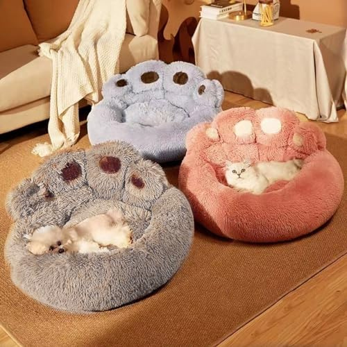 HshDUti Beruhigendes Hunde- und Katzenbett, Pfotenform, Anti-Angst-Donut-Kuschelbett, wärmendes, gemütliches, weiches rundes Bett, für kleine und mittelgroße Hunde und Katzen, Rosa, 60 cm