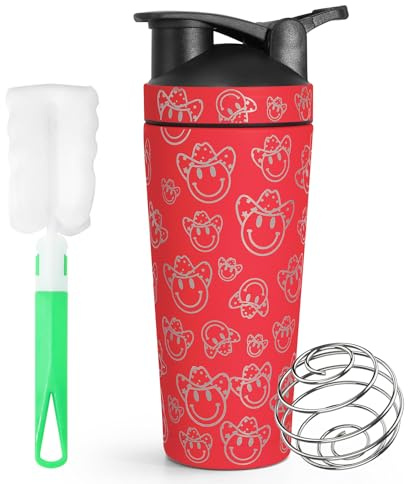 HNCY 750 ml shaker rostfritt stål, äggvita shaker med boll, proteinshakers rostfritt stål, shake, bärbar träningsvattenkopp, BPA-fri/läckagesäker, för sport, fitness, protein – röd