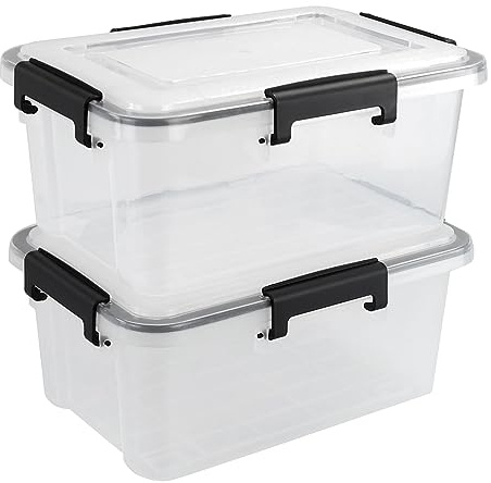 Fosly 2-pack 10 Liter Clear Containers, Storage Box with Sealed Circle/Lid | Durable useful box, plastic container with latc clips