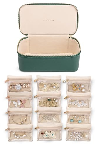 Vlando Travel Jewellery Organiser, PU Leather Jewellery Box with 12 Velvet Jewellery Pouch, Jewellery Case for Necklace,Ring, Gifts for Women, Green-L