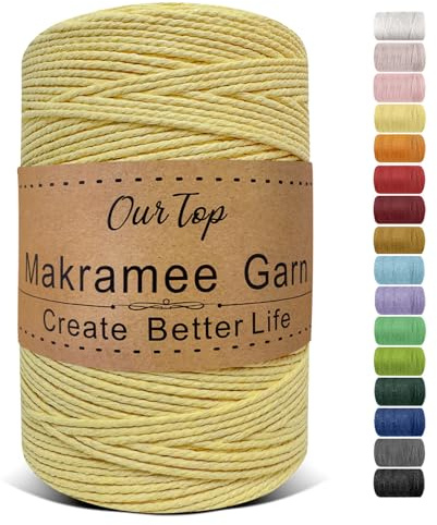 OurTop Premium makramégarn ljusgult, 2 mm x 500 m, makramésnöre, makramérep, garn för gör-det-själv-hantverk, vävning, dekoration, hängande växt växt hängare