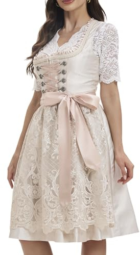 Goxozzy Dirndl Damen Midi Spitze Trachtenrock mit Dirndlschürze für Oktoberfest Größen 34-44 Rocklänge 60cm (DE/NL/SE/PL, Numerisch, 34, Regular, Regular, Aprikose)
