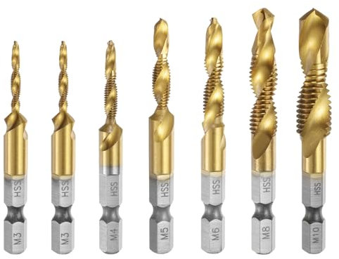 Sourcing Map 7pcs Combination Drill and Tap Bit Set, Metric M3-M10, 1/4 Hex Shank, Titanium Coated, HSS 4341