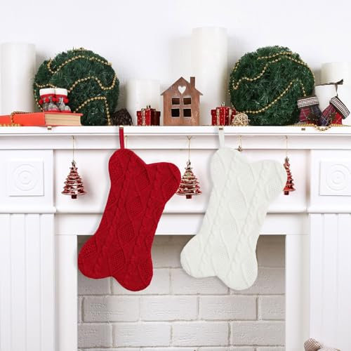 Julyue Hunde-Weihnachtsstrumpf, 2er-Set, 41,9 cm, Knochenform, Gestrickter Weihnachtsstrumpf, Hängende Weihnachtsstrümpfe für Kamin, Baum, Party, Urlaubsdekoration (Rot, Weiß)