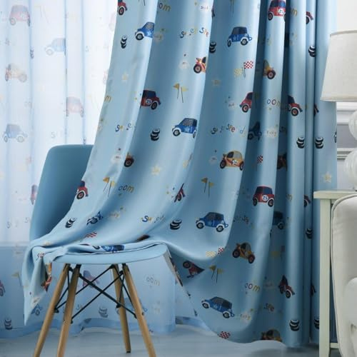 Amidoudou 2er-Set Vorhänge Auto Kinderzimmer,Vorhänge Kinderzimmer Junge,Vorhänge für Kleine Fenster (Blau,245 x 140 cm)