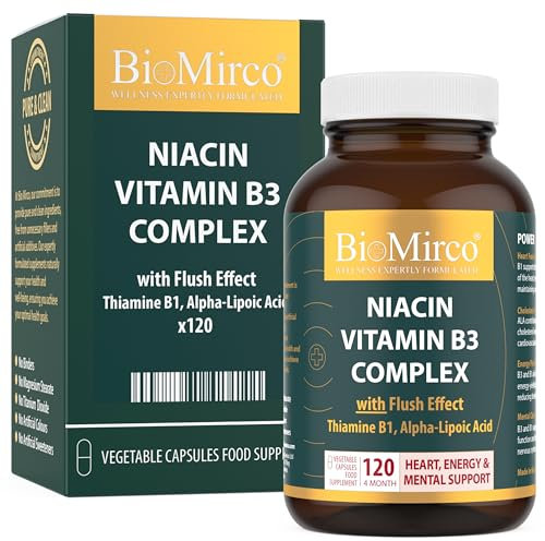 Niacin Supplements with Flush Effect, B3 Vitamin Supplement, Nicotinic Acid, B1 Thiamine, ALA, 120 Capsules, Cognitive Function, Cholesterol, Heart & Energy, 50mg Active Form (niacinamide alternative)