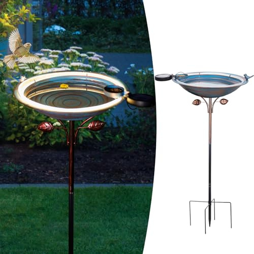 Qipade Vogeltränke aus Metall mit Pfahl, große stehende Vogeltränke mit Solarlicht, 99,1 cm hohe Vogeltränke und Futterstation mit 38,1 cm Schüssel und dekorativem Gusseisen-Vogel für den