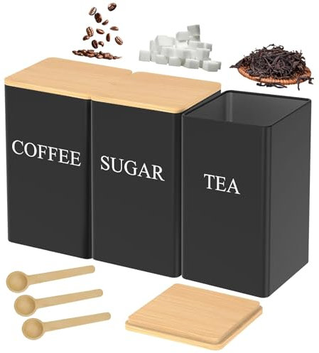 XoeLLe 3 barattoli quadrati con coperchio, ermetici, contenitori da cucina con coperchio in bambù e cucchiaio, per caffè, cereali, zucchero