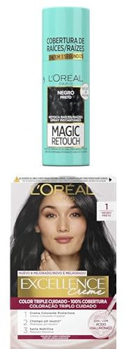 Pack L'OREAL PARIS Magic Retouch Spray Retoca Raíces y Canas Negro + L´ORÉAL PARIS Excellence Creme Tinte Permanente - Tono 1 Negro