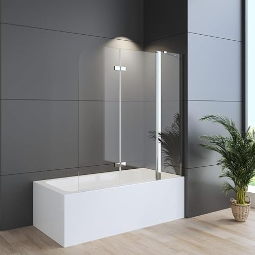 WDWRITTI Duschwand für Badewanne 160x140cm 3-Teilig Duschabtrennung, Faltbar Badewannenaufsatz mit Seitenwand, Faltwand für Badewanne aus 6mm NANO ESG Sicherheitsglas
