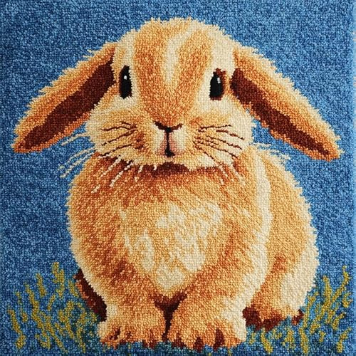 WallustrioaW Kit de Coussin avec Crochet à Loquet Lapin animal mignon,Kit Coussin au Point Noué,création de Tapis et Canvas,Kit Tapis Point Noué,43x43cm