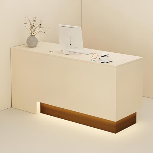 Snaweo Kleine Empfangstheke mit LED-Leuchten, Empfangstresen mit verschließbaren Schubladen, für Büros, Verkaufstheken, Lobbys, Schönheitssalons, Rezeptionstheke(Apricot Color+Wood L,110cm/43in)