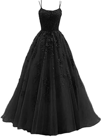 Generisch 2025 - Damen-Kleid mit Spaghettiträgern, langes Partykleid mit Tüll Spitzenapplikationen Abend Ballkleider (Black, S)