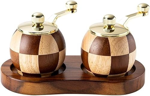 Wooden Pepper Grinder Kit, Pepper/Salt Mill, Hand-Operated Spice Grinders Featuring Checkerboard Pattern, for Home Kitchen Use,Pepper Grinder (Two Sets+Base)
