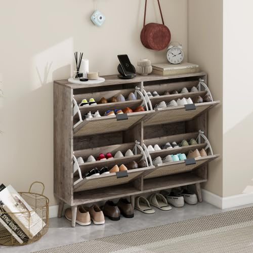 LIANGFUN Schuhschrank mit Vier Türen (105x24x91cm),Retro-Grauer Schuhschrank mit Vier Türen, Rattan-Optik, doppeltem Regal, mit Rückwand, geeignet für Flure und ähnliche Bereiche