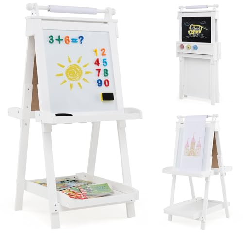 COSTWAY Tafel Kinder, Klappbare Staffelei höhenverstellbar mit Whiteboard & Magnetischer Tafel, doppelseitige Kindertafel mit Papierrolle & 3 Malschüsselchen, Klapptafel für Kinder ab 3 Jahren (Weiß)