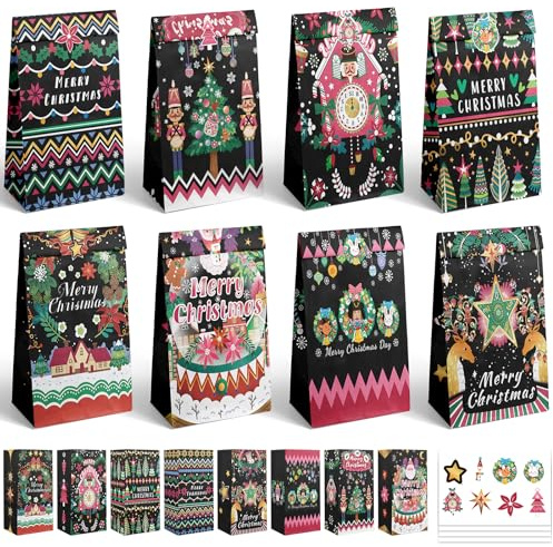 Gcardist Sacchetti regalo di Natale in carta kraft nera, mini sacchetti regalo per feste di Natale, con 32 adesivi per accessori per feste (32 pezzi, 12 × 8 × 24 cm)