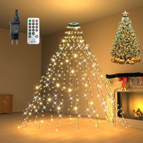 YOUBST 2m Lichterkette Weihnachtsbaum mit Ring, 400er LED Überwurf Christbaumbeleuchtung 8 Modi Timer IP44 Wasserdicht Lichterkette für 150cm, 180cm, 210cm, 240cm Tannenbaum - Warmweiß
