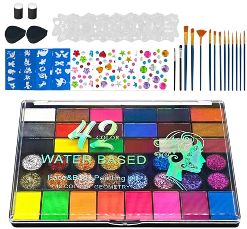 Face Painting Kit, Water Activated Face Paint Palette with Stencils, Brushes, Gems for Halloween Makeup, Parties, Carnival, School Event & Festivals (42 Colors)