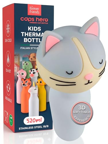 Borraccia Termica per Bambini Acciaio Inox Riutilizzabile Gatto Cat Cleo | CapsHero Acciaio Inox Senza BPA 520ml con Doppia Parete 230x70mm - Caldo 12h Freddo 24h - Collezione My Forever Friends