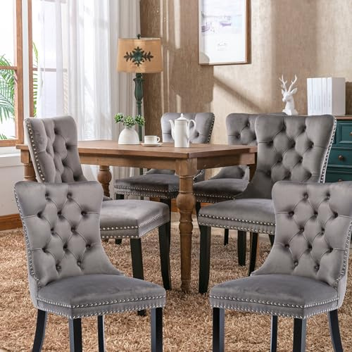 FINTHOMING Esszimmerstühle 6er Set, Küchenstühle 6er Set, Tufted Hoher Rücken Stühle, Samt Weich Gepolstert Essstuhl mit Holzbeinen, Nieten Dekoration, Belastbarkeit 130kg
